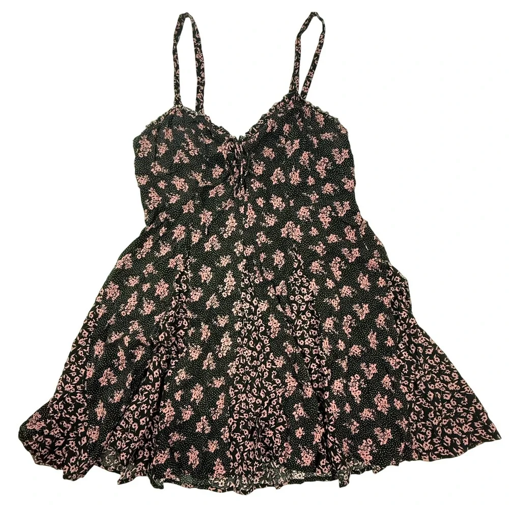 Free People Mini Dress Size L Black Mixed Floral Print Slip Dress